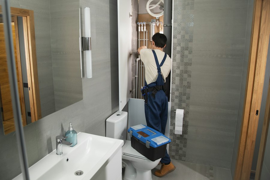 Plumber inspecting bathroom plumbing for a hidden leak