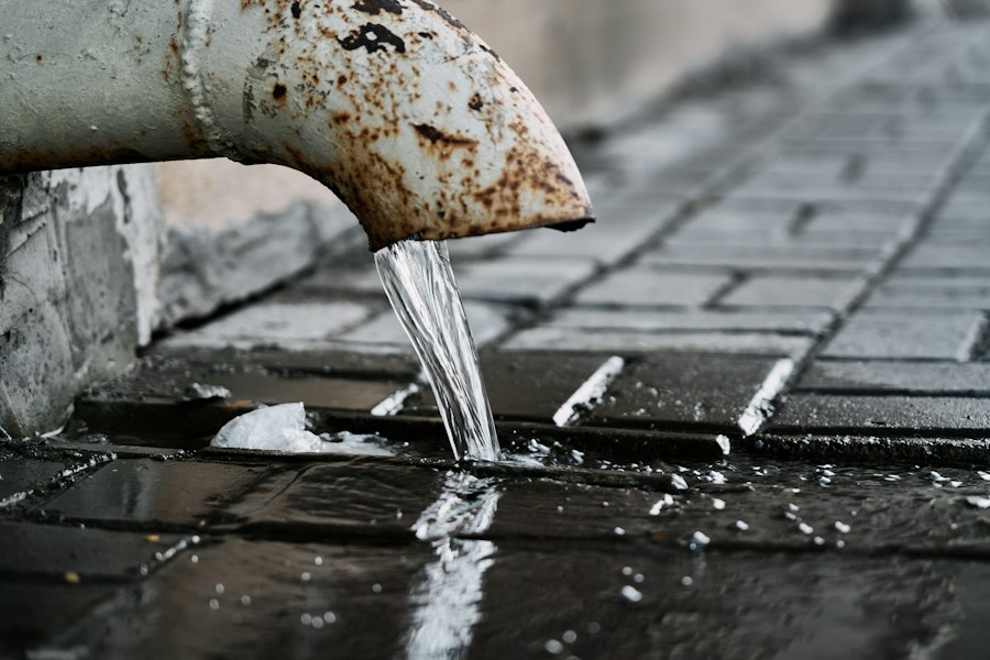 Rusty pipe joint leaking a stream of water